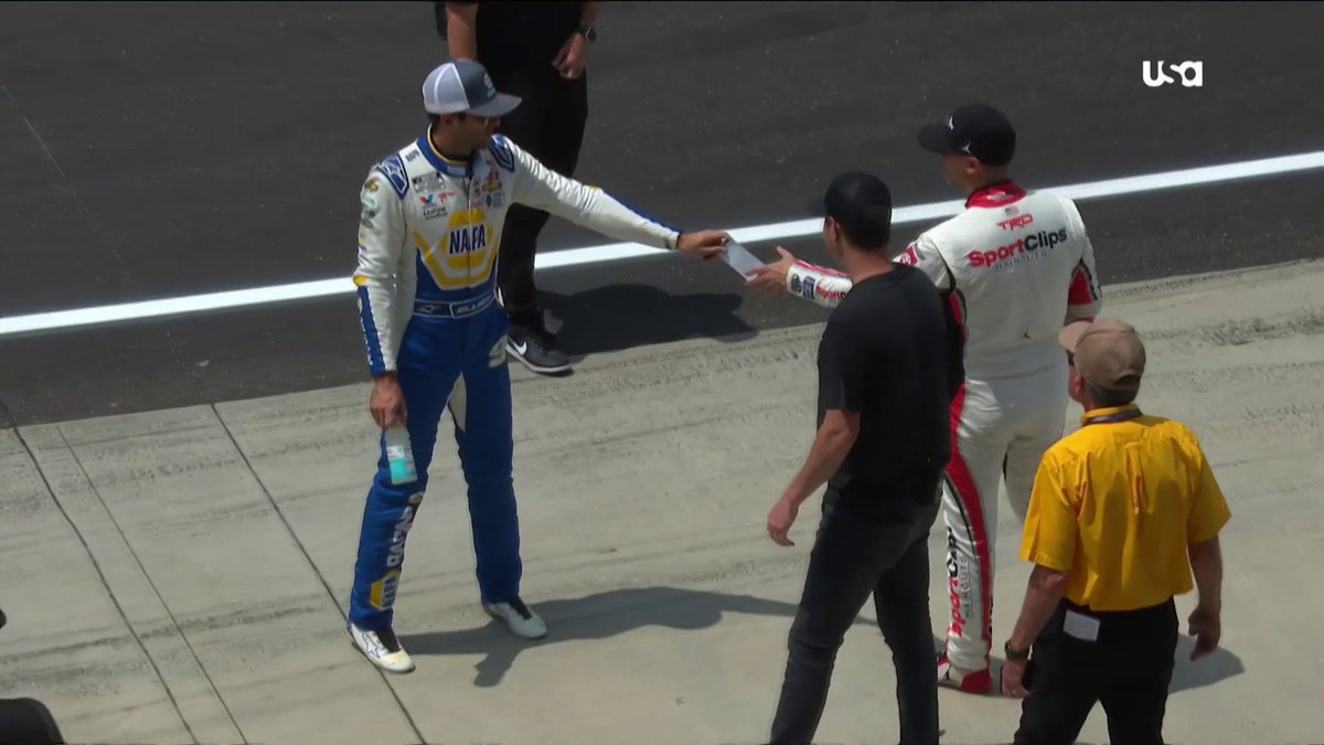 Good guy Chase Elliott. 😆 Watch this exchange between him and 23XI co-owner Denny Hamlin. #Brickyard400