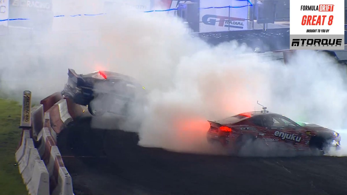 Huge crash for adam lz in a OMT battle vs Hiroya Minowa in the TorqueMotorsport.io Great 8. Thankfully he's okay 🙏 #FormulaD #FormulaDRIFT #FDSTL