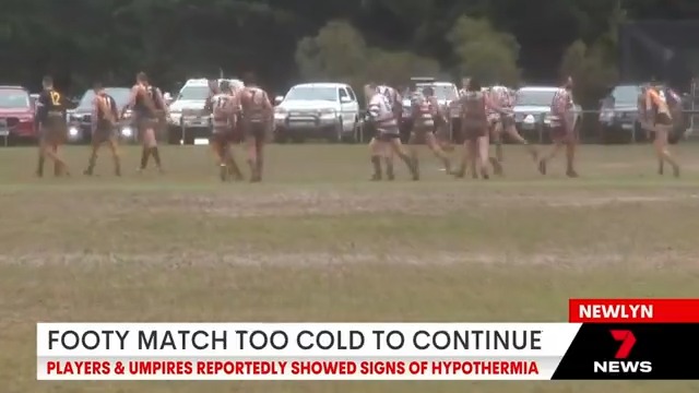 A country footy match has been called off at half time because the bitterly cold conditions in the Hepburn Shire. It left players and umpires unable to return to the field. #7NEWS