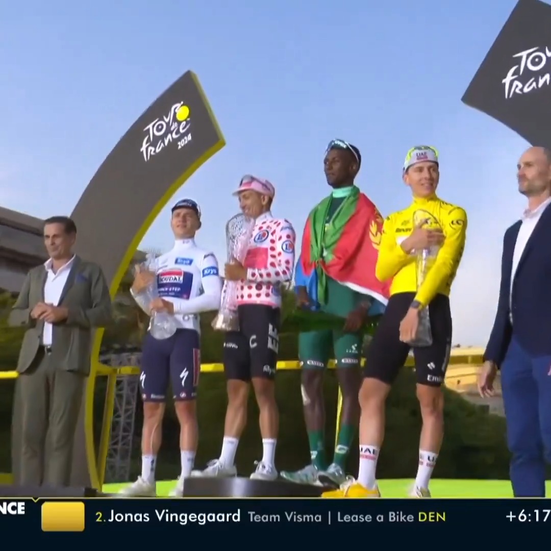 Your 2024 Tour de France jersey winners #TDF2024 🟡🇸🇮Tadej Pogacar ⚪️🇧🇪Remco Evenepoel 🟢🇪🇷Biniam Girmay 🔴🇪🇨Richard Carapaz