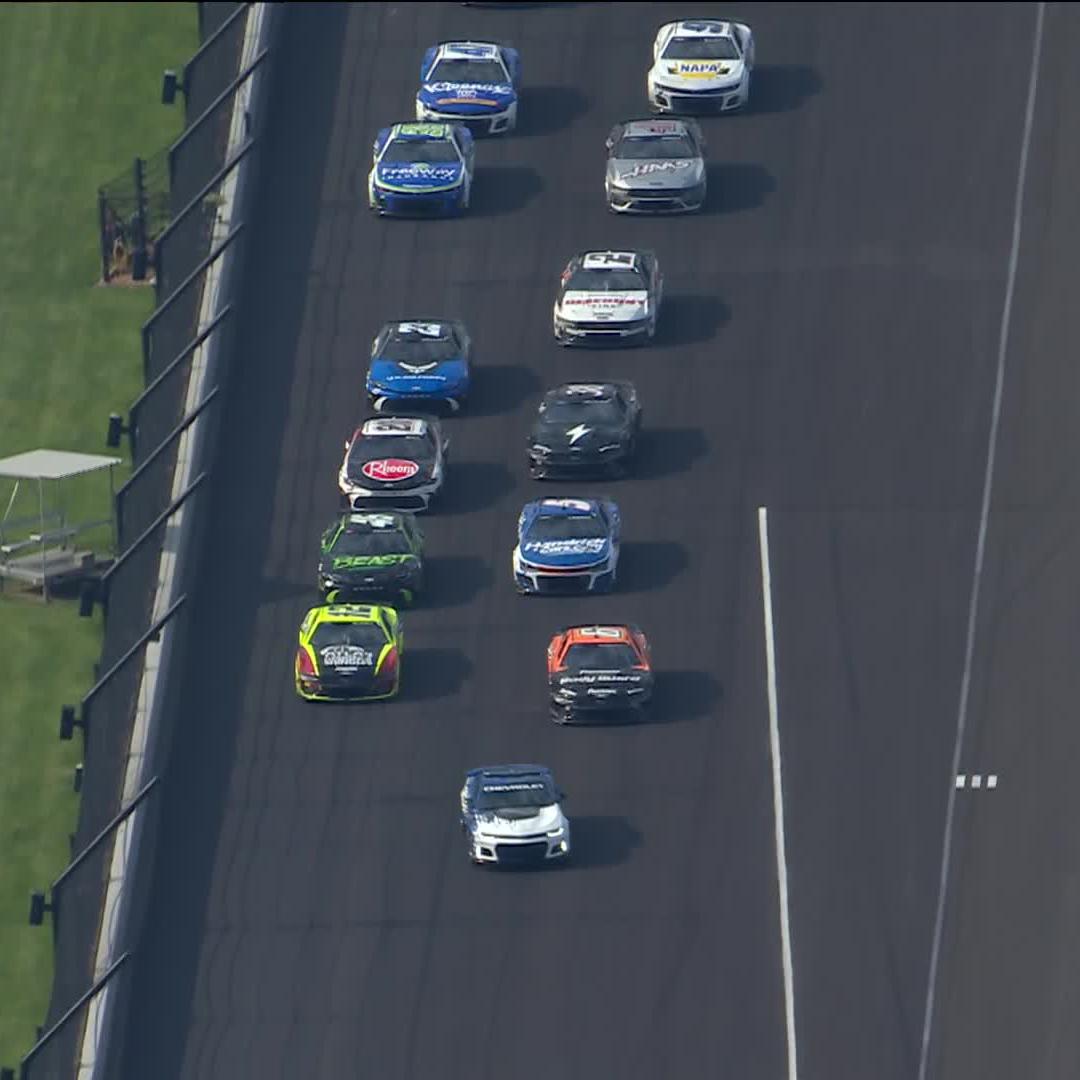 .Brad Keselowski runs out of fuel before the green! Denny Hamlin is caught in the pile-up on the restart!