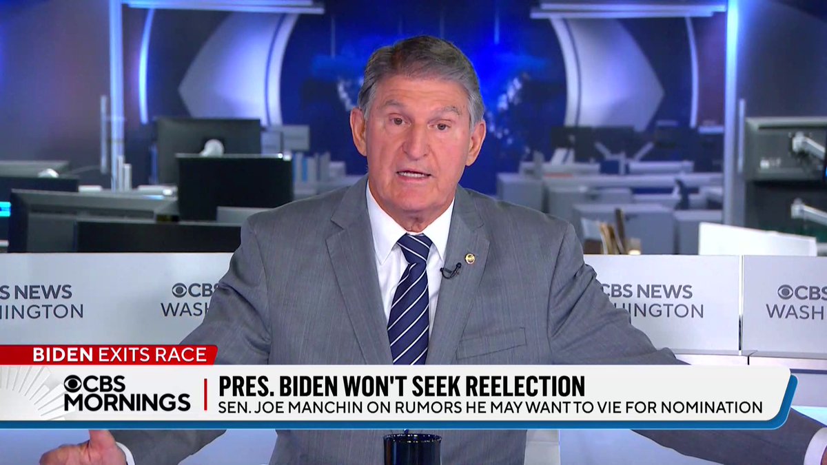 “I am not going to be a candidate for president. I am a candidate for, basically speaking for, the middle of this country”: Senator Joe Manchin says he will not be running against VP Harris for the Democratic nomination for president or as a third-party candidate.