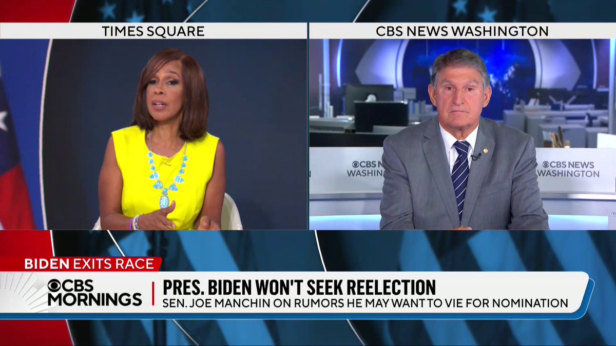 Sen. Joe Manchin tells CBS Mornings he will not run for the Democratic nomination against VP Harris. "I am not going to be a candidate for president," Manchin said. But he said he would like to see a competitive process to choose the nominee.