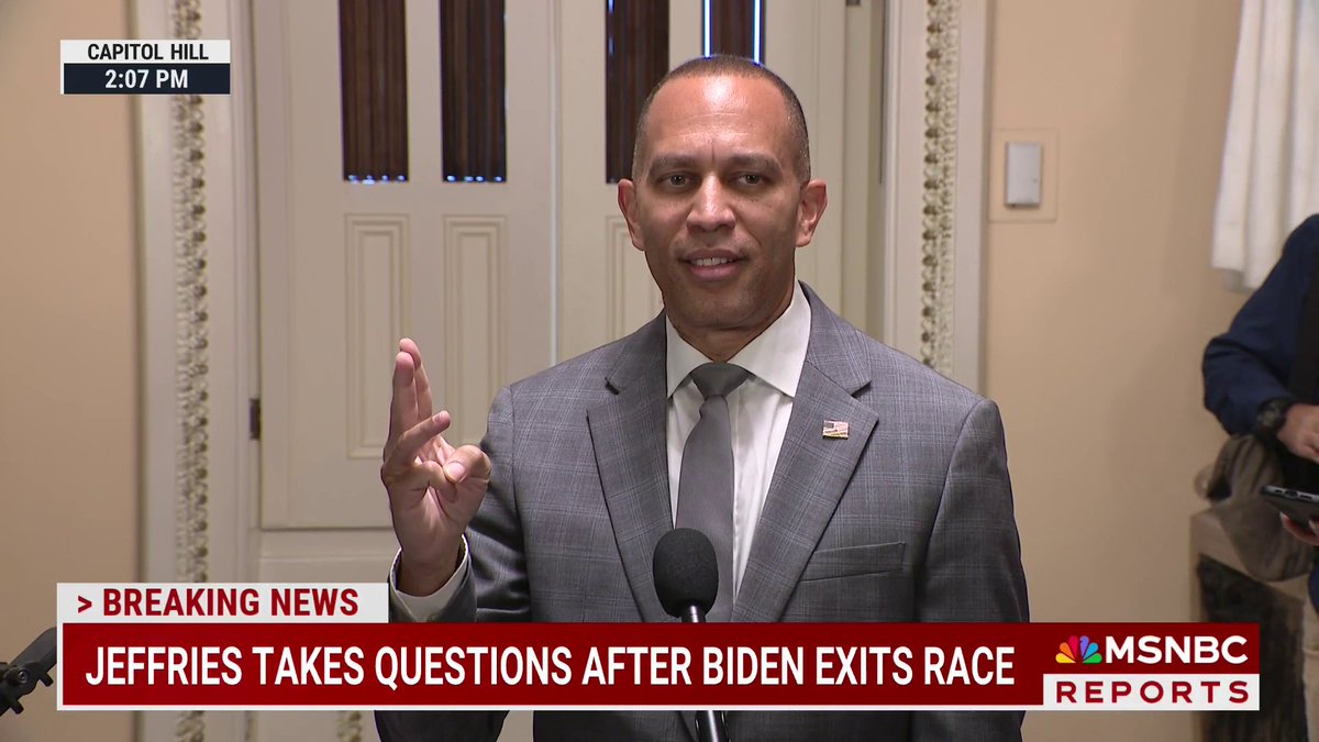 "We owe a debt of gratitude to President Biden for his tremendous leadership and I'm also thankful for the incredible partnership that he has had for the last 3 and a half years with Vice President Kamala Harris." House Democratic leader Jeffries speaks after Biden exits race