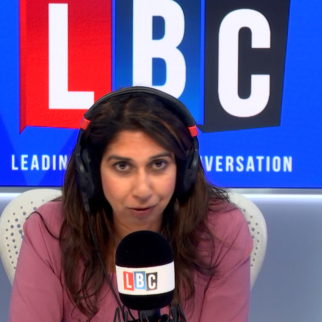 'I don't know if James O'Brien is going to be alright with this. He's probably having a heart attack.' Suella Braverman addresses the elephant in the room as she steps in for guest host week.
