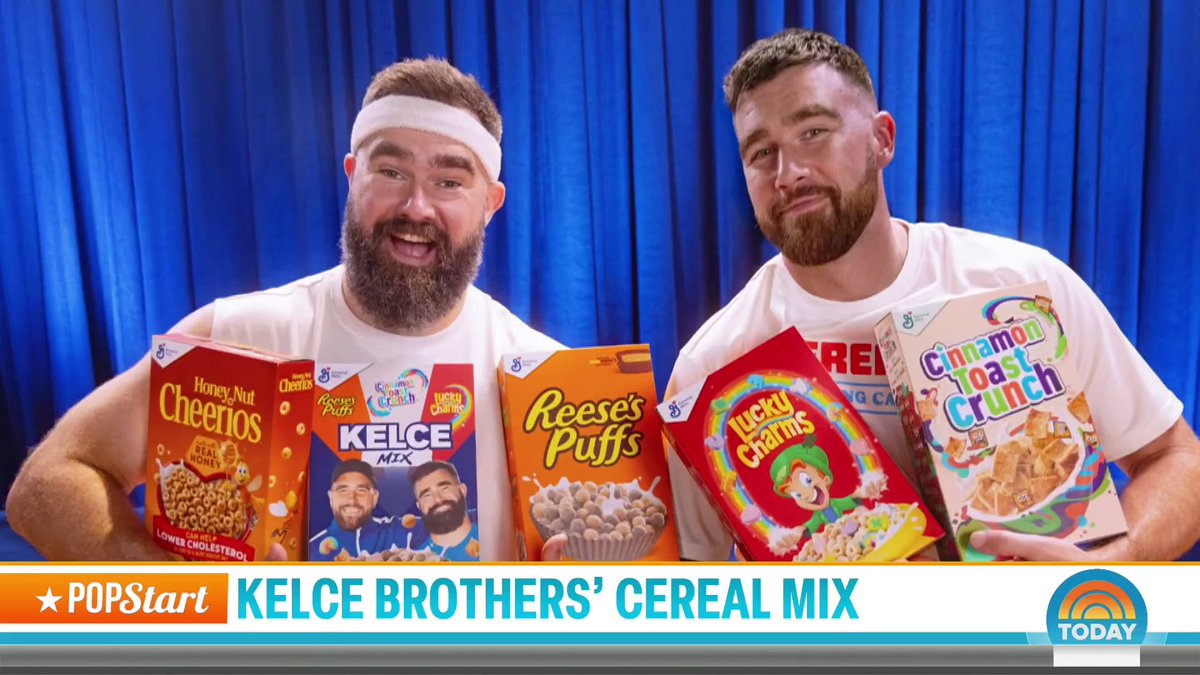 Jason and Travis Kelce have teamed up with General Mills to combine their favorite cereals: Cinnamon Toast Crunch, Lucky Charms and Reese’s Puffs into one bowl, called “The Kelce Mix” 🥣 🏈