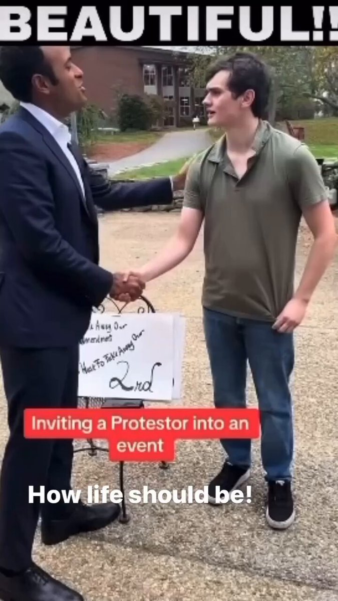 “You can bring signs if you want, but who needs signs when you have your own voice.” Vivek invites a protester in to an event.