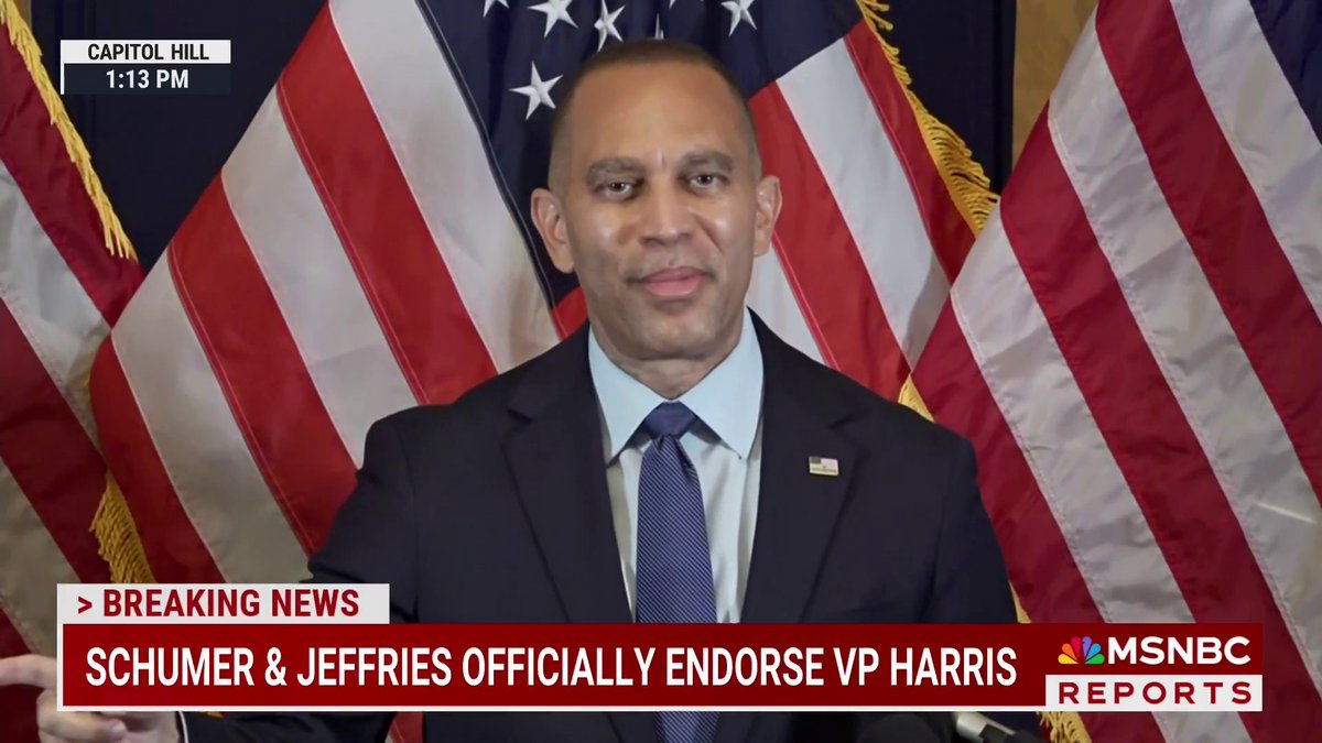 "I'm proud to strongly endorse Kamala Harris to be the 47th President of the United States of America." House Minority Leader Hakeem Jeffries (D-NY) officially endorses Vice President Kamala Harris.