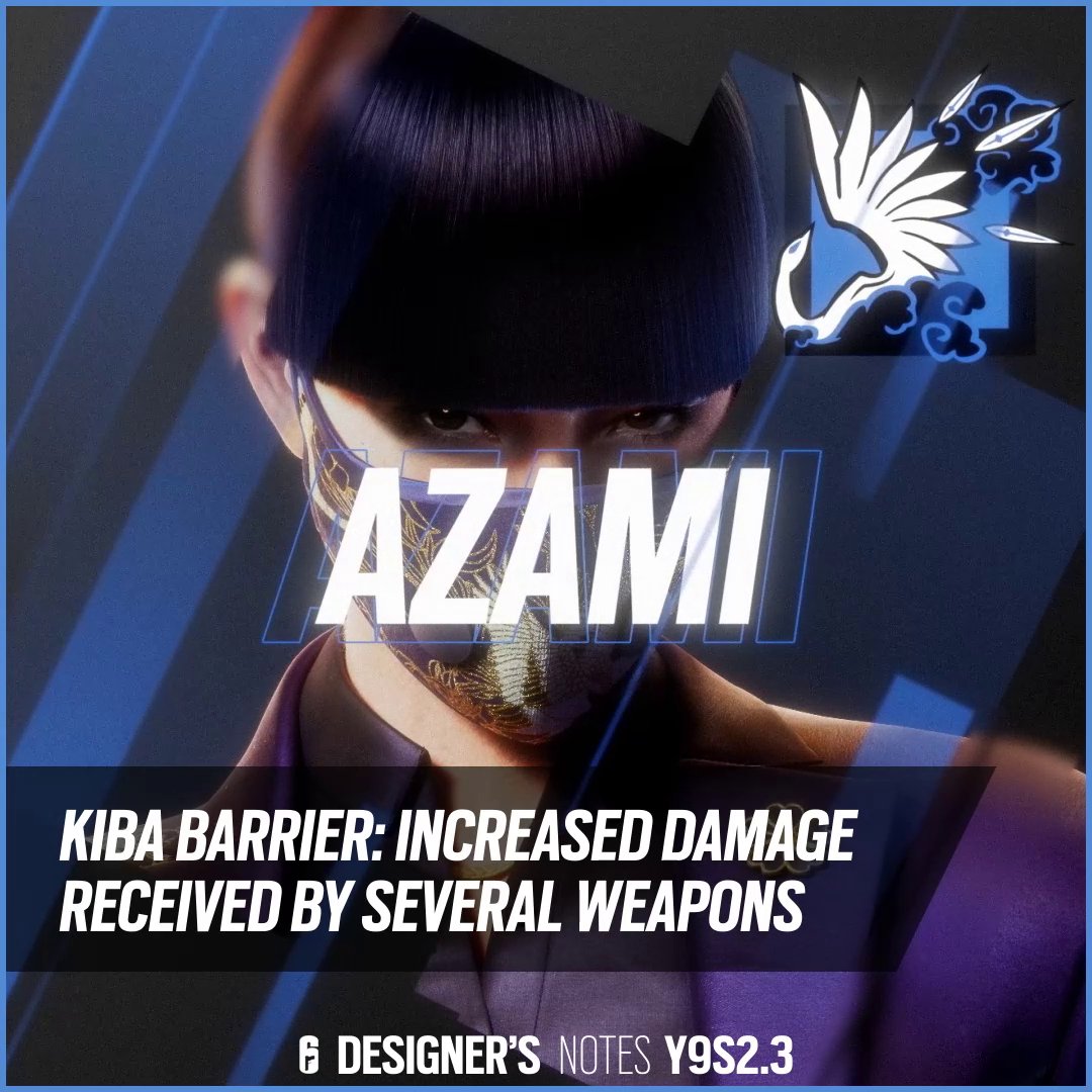 Get all the Intel on what's new with the Y9S2.3 Designer's Notes! Featuring: 🧱 Azami - Kiba barrier receives increased damage 💪 Echo - Armor increased, speed reduced 🔫 Wamai - Magnified scopes removed from MP5K Full Details here ⬇️