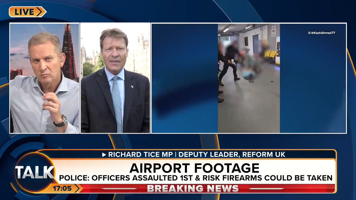 Reform UK Deputy Leader Richard Tice says footage of a police officer stamping on the head of a suspect at Manchester Airport is “not distressing”, but rather “reassuring”. “If the police had used appropriate action in Leeds… the riots wouldn’t have been so bad.” #Talk