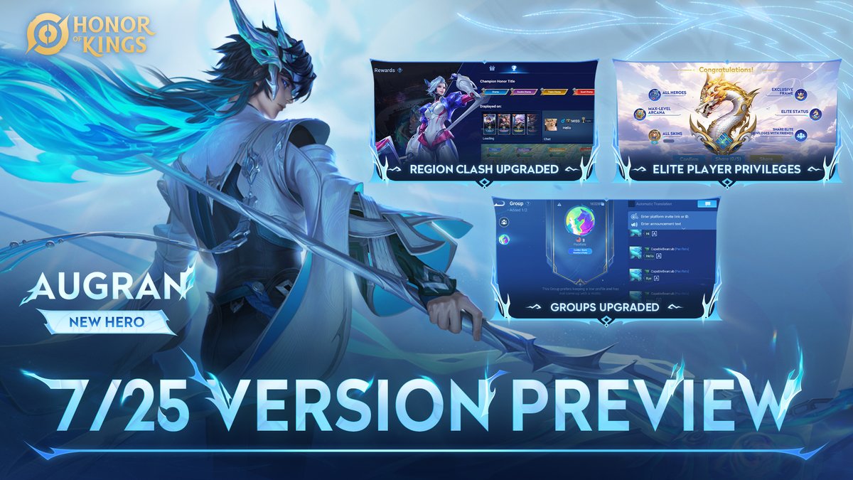 👀 Preview what's coming in the next #HonorOfKings update! 🧙 New Hero: Augran 🎁 Upgraded Championship: Play matches to claim the Wuyan - Esports Star skin free 💪 Elite Player Privileges: Enjoy limited-time benefits 🗨️ Improved Groups: Message copying, translation, and more