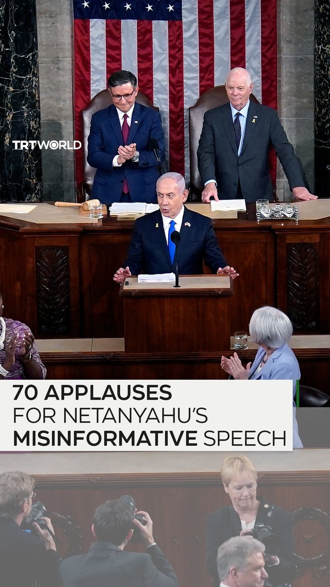 Israeli PM Netanyahu’s speech at the US Congress, which included a range of false information on Israel’s genocidal war on Palestine’s Gaza, was applauded by members of Congress 70 times
