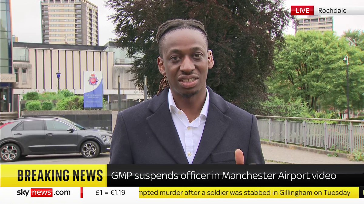 BREAKING: Greater Manchester Police has suspended a police officer from all duties after footage emerged from Manchester Airport showing an officer kicking and stamping on a man's head. Sky's Shingi Mararike shares the latest. 📺 Sky 501