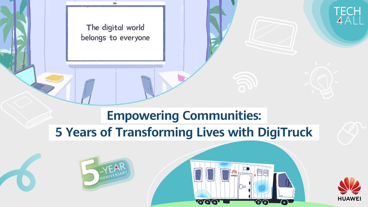 Over the past 5 years, the #Huawei #DigiTruck initiative has traveled across continents to empower underserved communities, transforming lives by imparting vital digital skills and helping to bridge the digital divide! 📶 Retweet to share your support and follow us for more updates on the #DigiTruck program. #TECH4ALL #DigiSkills #TECH4ALL5Years