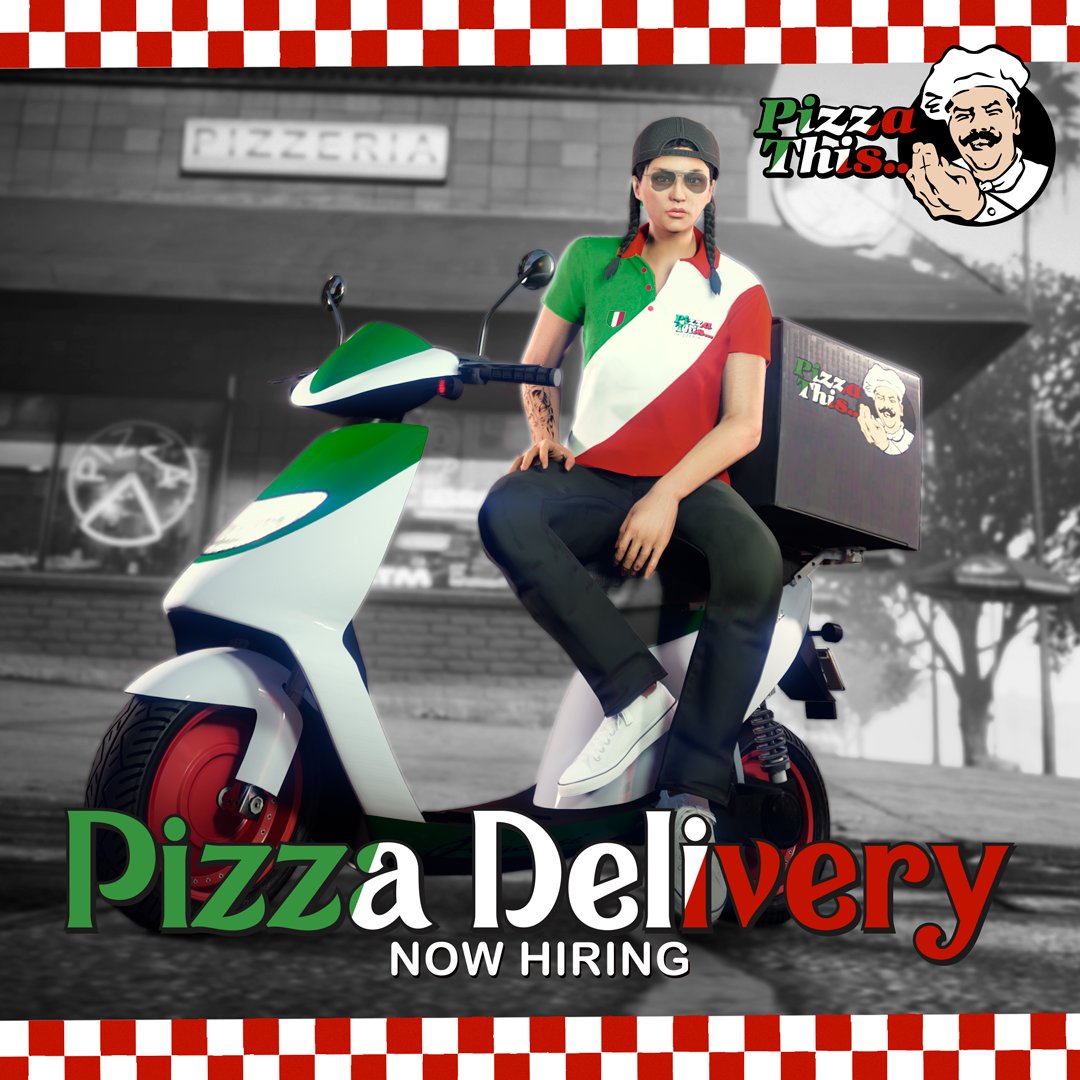 Deliver piping hot pizza pies with the new Pegassi Pizza Boy scooter in GTA Online. Get started by visiting any Pizza This… location in Los Santos. If the community collectively delivers 10 million pizzas, all players can claim the Pizza This… Tee: