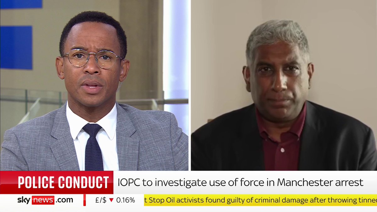 "This was totally disproportionate amount of force used". The Metropolitan Police's former chief superintendent, Dal Babu, responds to "shocking" footage showing a suspect being kicked in the head and stamped on at Manchester Airport. 📺 Sky 501