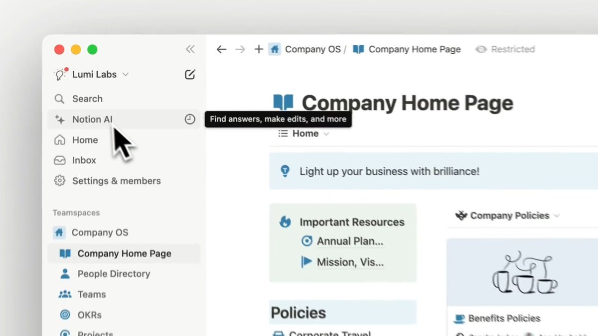 New in your sidebar: chat with Notion AI in a full-page view. A focused, distraction-free space to brainstorm new ideas, or ask questions about your content in Notion and Slack! → (Google drive and Github AI connectors coming soon 👀)