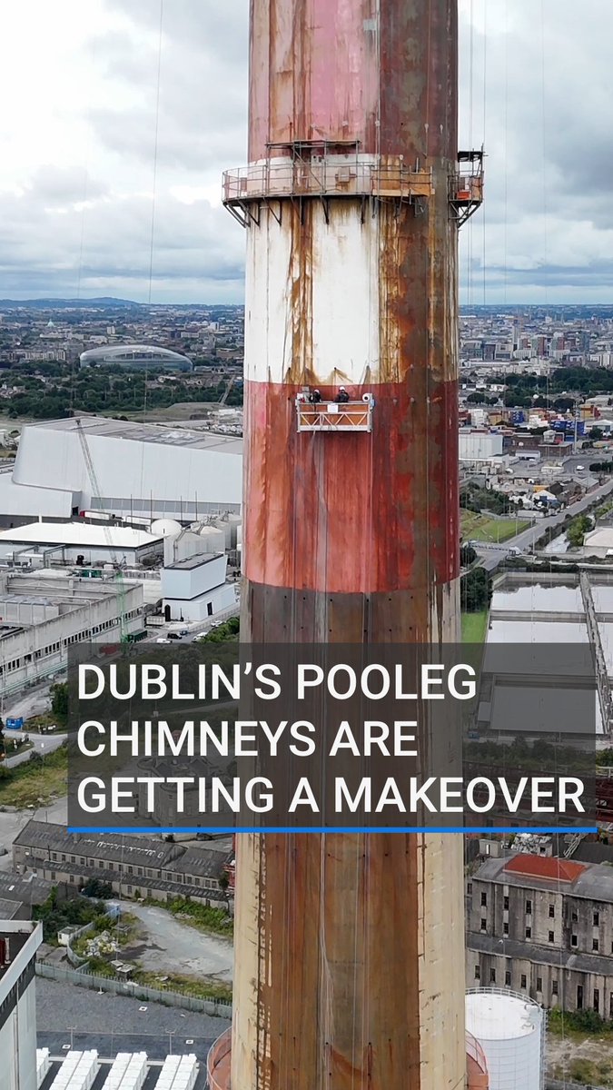 Dublin’s iconic Poolbeg chimneys are getting a fresh look. Starting next month, a specialised team will begin painting the landmark stacks in their classic red and white. The multi-million euro project is already under way and expected to wrap up next year. #Poolbegchimneys