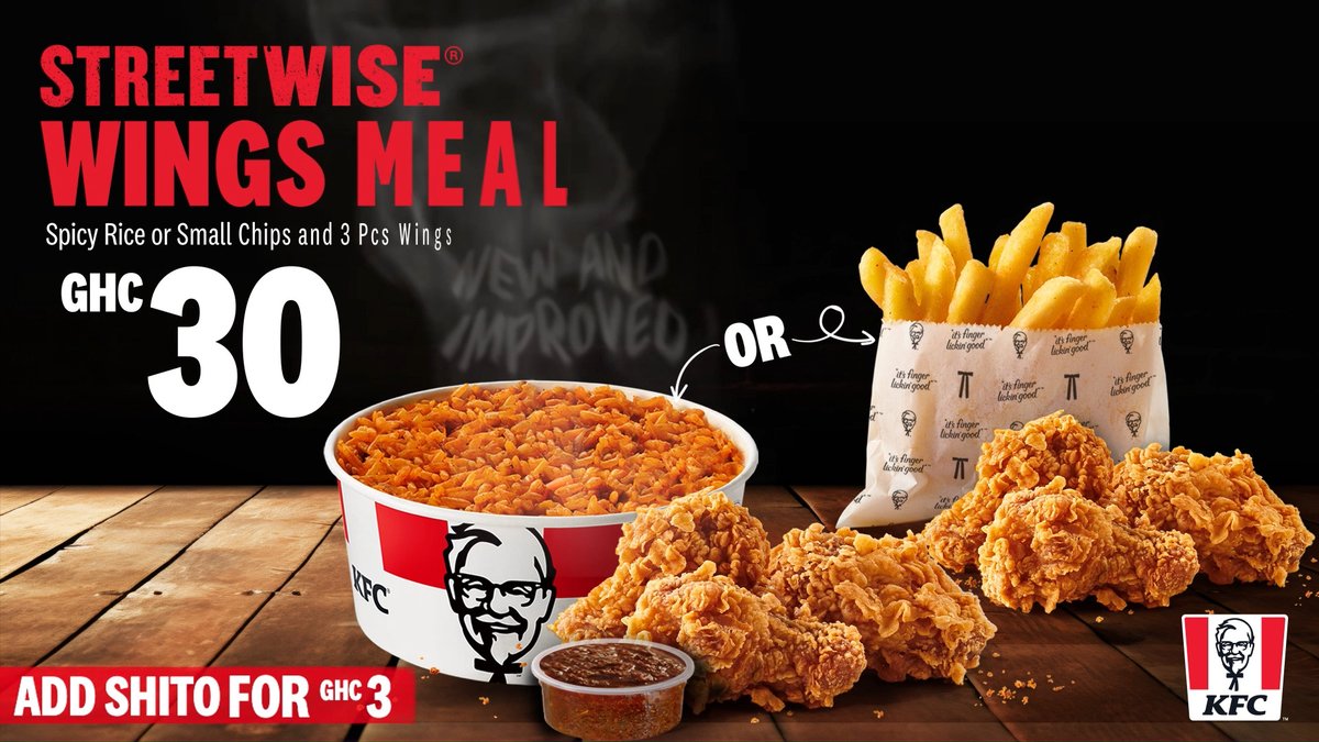 You've spoken, and we've listened!💯 Introducing the all NEW & IMPROVED KFC Spicy Rice. Savour the tantalizing flavours of our revamped spicy rice with wings, all for just GH¢30! Now, you also have the option to enjoy our crispy chips with wings, at the unbeatable price of GH¢30.
