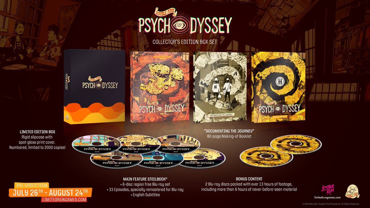 Double Fine Psychodyssey is coming to Blu-ray! This collector's set comes in collaboration with Limited Run Games and it's packed with cut content and extra goodies. And a *brand new* documentary episode. Pre-order at: