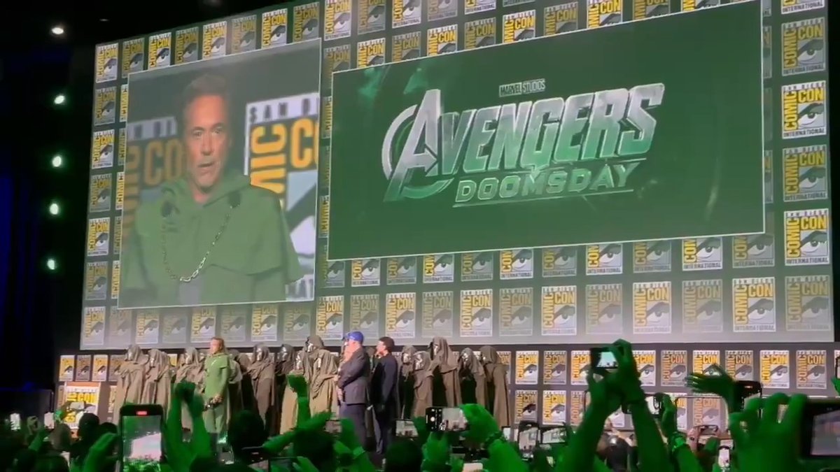 The Russo Bros. introduce Robert Downey Jr. back to the MCU as Doctor Doom during the Marvel #SDCC Hall H panel