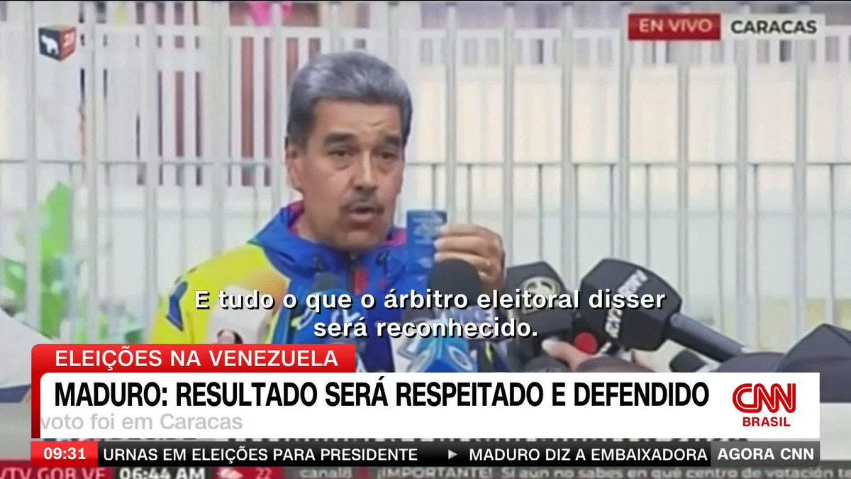 O líder venezuelano e candidato à reeleição Nicolás Maduro votou pela manhã neste domingo (28). Em seguida, disse que irá reconhecer o resultado das urnas. #AgoraCNN