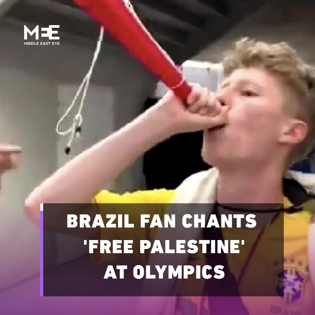 ‘No politics here” A Brazil fan begins chanting 'free Palestine' after being repeatedly interrupted by an Israel supporter while discussing football teams' performances during a TV interview at the Paris Olympics.