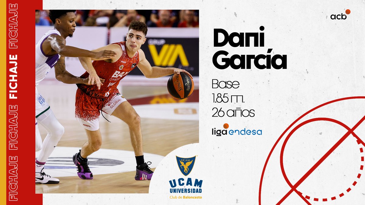 ยกLa direcciรณn de juego y la experiencia de DANI GARCรA aterrizan en el Palacio de Deportes de Murcia! ๐ฅ El base catalรกn se convierte en la nueva pieza de UCAM Murcia para vestir la camiseta universitaria durante dos temporadas con opciรณn a otra โค๏ธ #LigaEndesa | Dani Garciaโจ