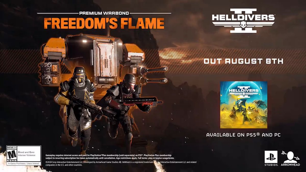 It’s getting hot in here… or is it just us? Helldivers, get ready to spark a galactic-scale inferno🔥 The Freedom’s Flame Premium Warbond is deploying on August 8th. Full briefing: [1/4]