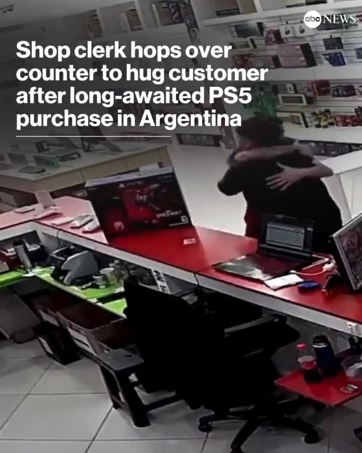 A shop clerk in Argentina jumped for joy and shared a celebratory hug with a local gamer who purchased a PlayStation 5 after weeks of visiting the store to look at the video game console and saving up enough money to finally buy it.