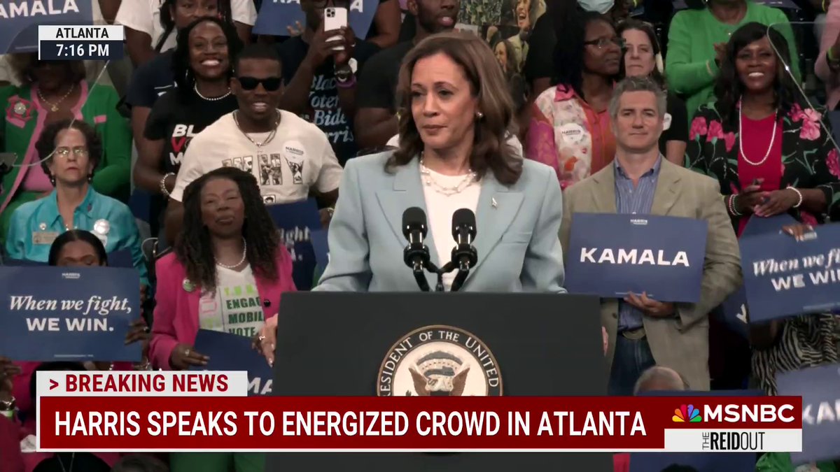 "As president I will bring back the border security bill that Donald Trump killed and I will sign it into law and show Donald Trump what real leadership looks like." Vice President Kamala Harris speaks to an energized crowd during her rally in Atlanta, Georgia.