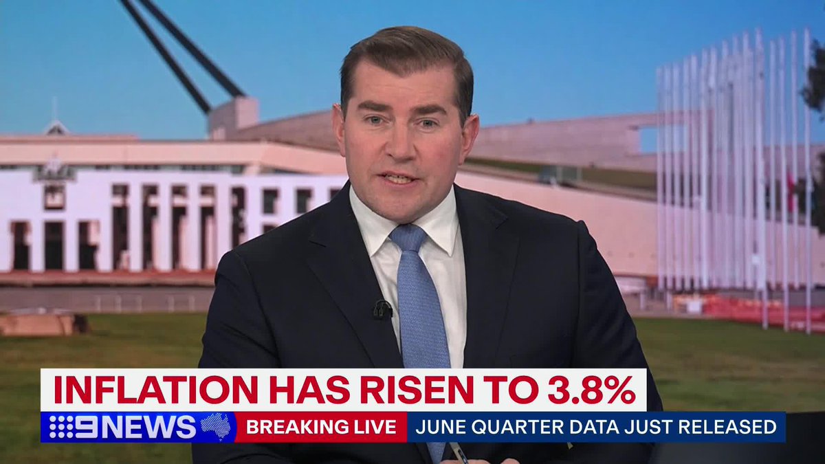 #BREAKING: Australia's headline annual inflation has risen to 3.8 per cent, largely meeting market expectations and easing the likelihood that the Reserve Bank of Australia will raise rates when it meets next week. #9News READ MORE: