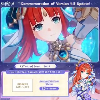 ✨Set 3✨ Commemoration of Version 4.8 Update 🎁Participate in the event for a chance to win a $75 Amazon gift card. How to Participate: ① Follow Genshin Impact ② Retweet this post You can instantly check the event results here>>> #GenshinImpact4ꓸ8
