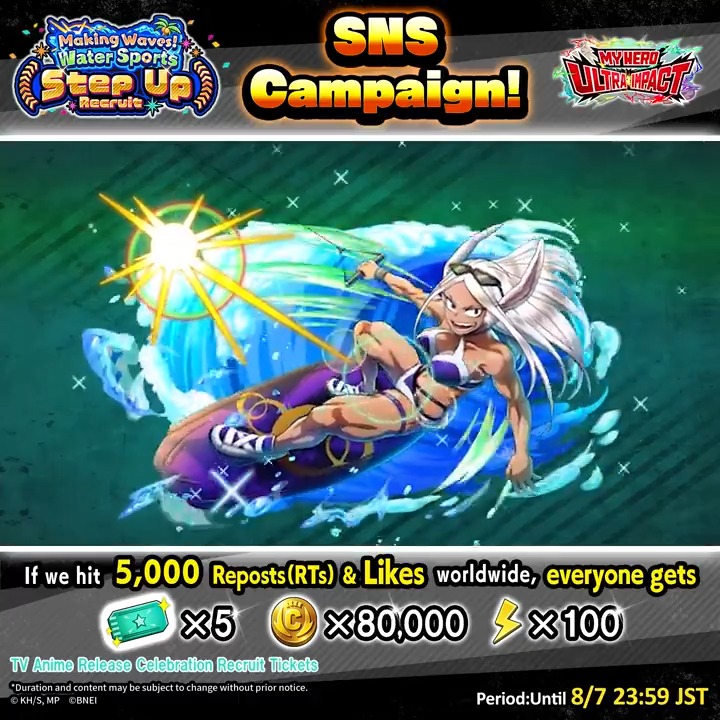 [Special Seasonal Recruit SNS Campaign] Making Waves! Water Sports Step Up Recruit! UR [Riding the Waves] Mirko Thoroughly enjoying a moment of leisure by the ocean in her swimsuit, Mirko arrives as a new UR character! REPOST &amp; LIKE to get the rewards! #MHUI #MyHeroAcademia