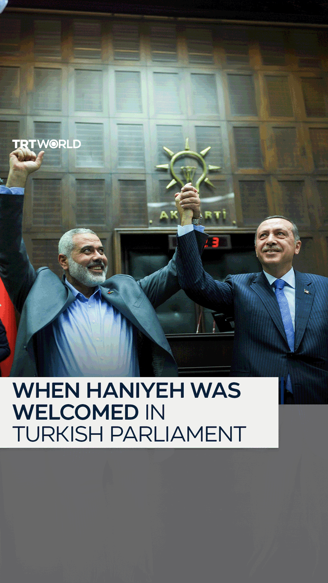 In 2012, the then prime minister of the Palestinian Authority Ismail Haniyeh was applauded during the AK Party group meeting at the Turkish Parliament in Ankara, following an invitation from Turkish President Recep Tayyip Erdogan, who was Türkiye's Prime Minister at the time