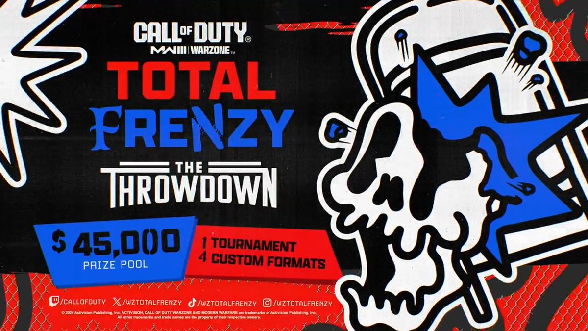 We're dropping in from the top rope with THE THROWDOWN! 💪 📅 Two day event 🏆 4 custom formats 💰 $45,000 prize pool 🤼♂️ Leotards? The #WzTotalFrenzy bell will ring at 3pm ET August 6th & 7th on Call of Duty's Twitch!