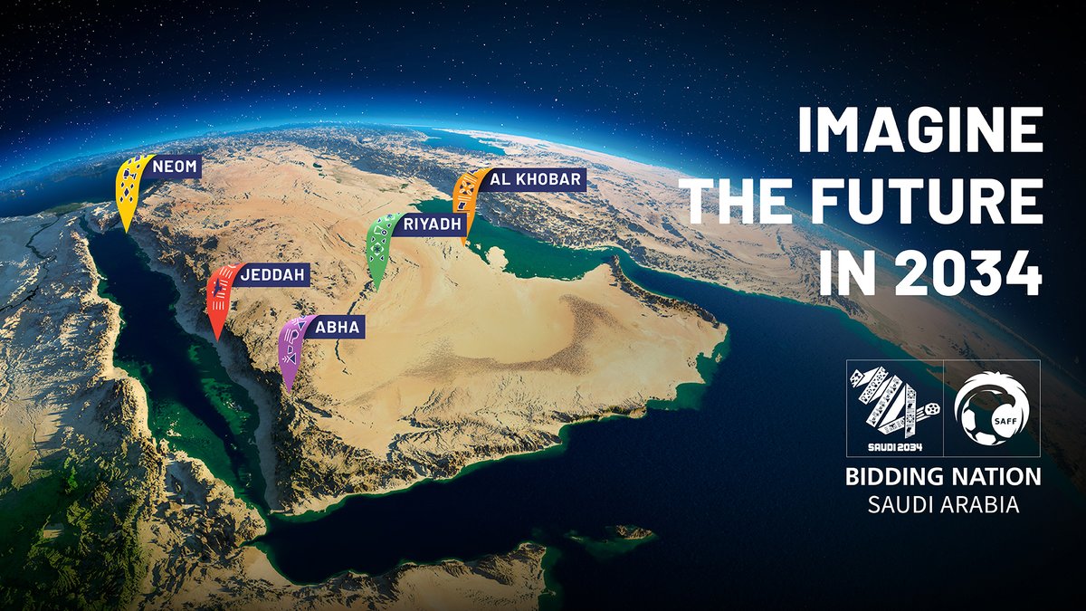 Imagine the future with us in 2034! 💚 The #Saudi2034bid invites the world to join us on our journey of remarkable transformation as the home of global sport 🇸🇦 ⚽ Discover more: #GrowingTogether