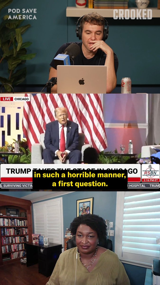 Watch @JonLovett and @StaceyAbrams react in real time to Trump's train-wreck NABJ interview. Watch more Pod Save America on YouTube! #PodSaveAmerica #CrookedMedia #Trump #NABJ