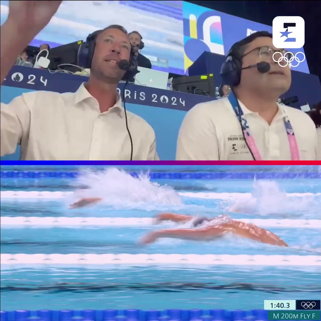 🔊🔊🔊 Notre commentateur et notre consultant, l'immense Alain Bernard, en folie devant la course du Roi Léon Marchand 🇫🇷 Suivez #Paris2024 en intégralité sur Eurosport, disponible via Max