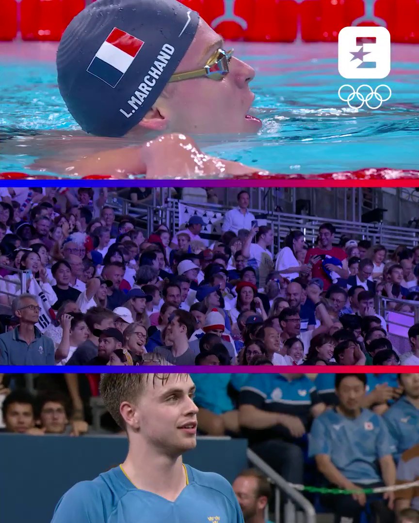 Le moment où Léon Marchand gagne et qu’il interrompt toutes les épreuves qui sont au même temps, la folie
