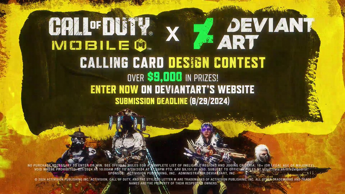 Want to see your art in #CODMobile? Submit your art to the Call of Duty: Mobile - Calling Card Design Contest. Over $9,000 in prizes, Enter now on Deviant Art website! 🔗: