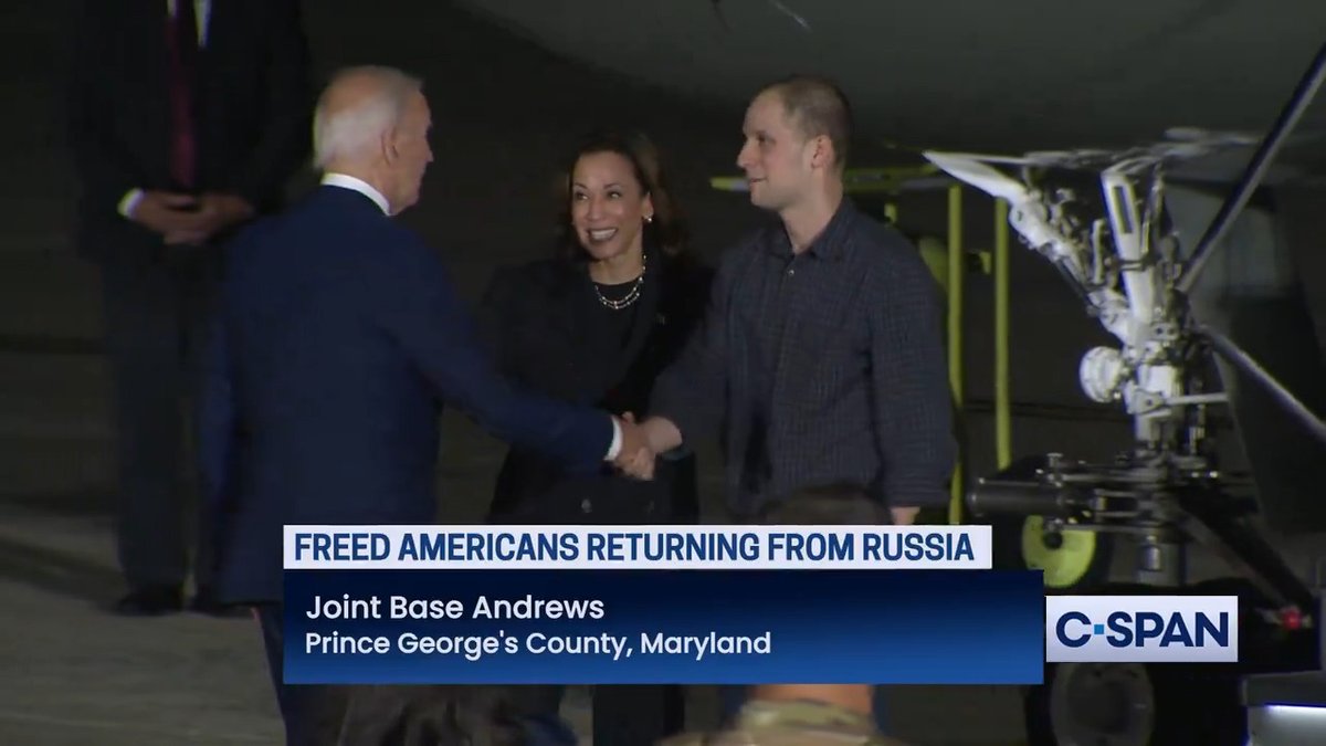 President Biden and Vice President Harris greet Americans Evan Gershkovich, Paul Whelan and Alsu Kurmasheva freed from Russia at Joint Base Andrews.