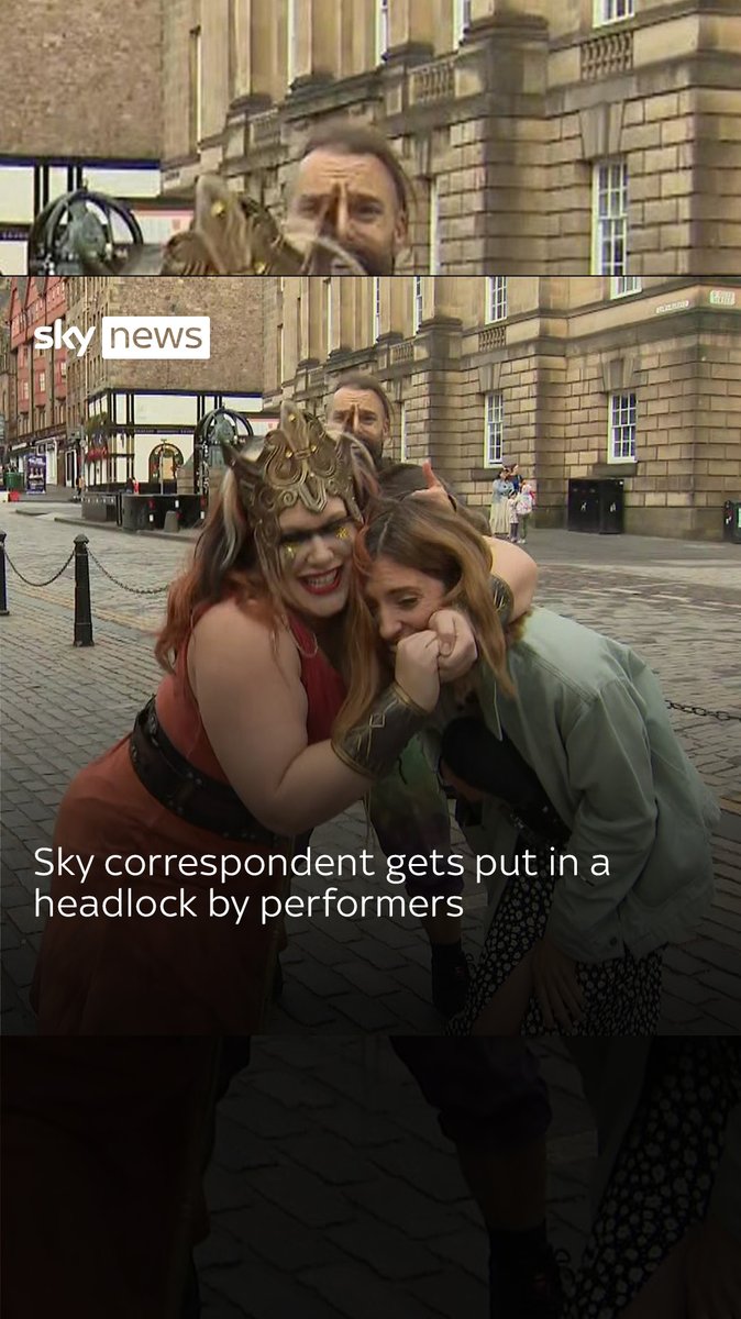 Watch the moment Sky’s Arts & Entertainment correspondent @SkyKatieSpencer found herself in a headlock at the end of an interview with performers playing the Edinburgh Festival Fringe. Latest: