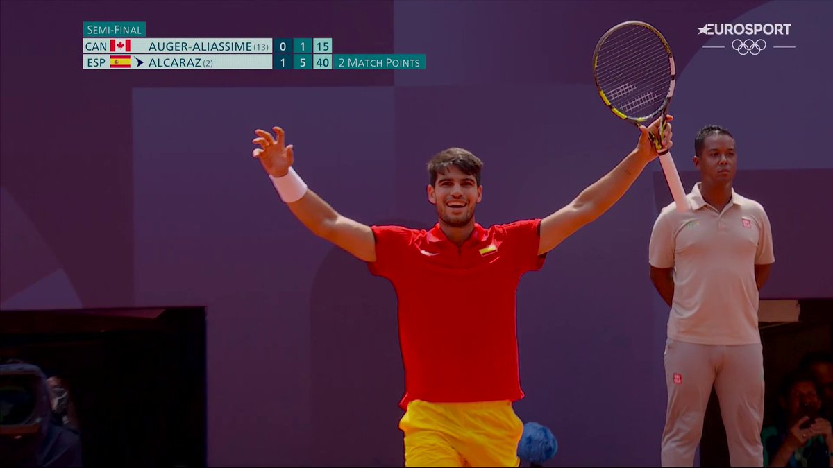 Carlos Alcaraz 🇪🇸, 21 años, en la final y a una victoria del oro. Aspira al tercer oro de la historia del tenis español (solo lo han ganado Nadal (🥇🥇) y Marc López (🥇). Aspira a ser el tenista más joven en ganar un oro olímpico. Sin calificativos.