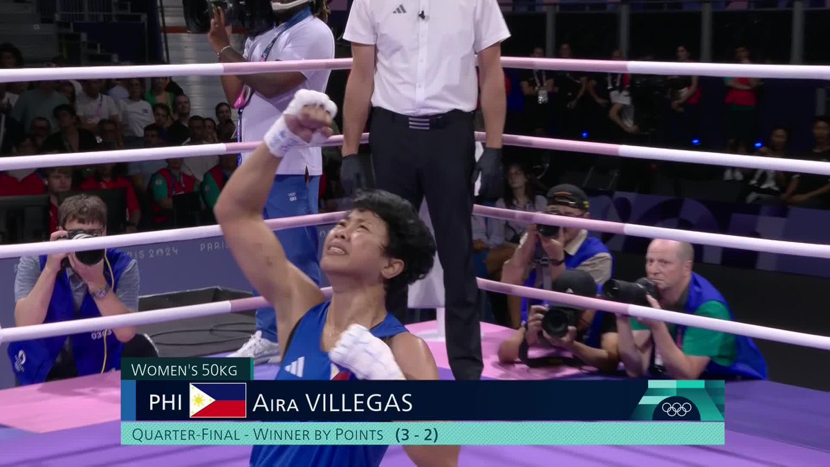 AGAINST ALL ODDS 🤝 Aira Villegas expresses nothing but joy and excitement upon hearing her name announced as the winner of this intense match against France’s Wassila Lkhadiri. #Paris2024 #OlympicGames #100TaongLaban #ParaSaBayan #OlympicGames