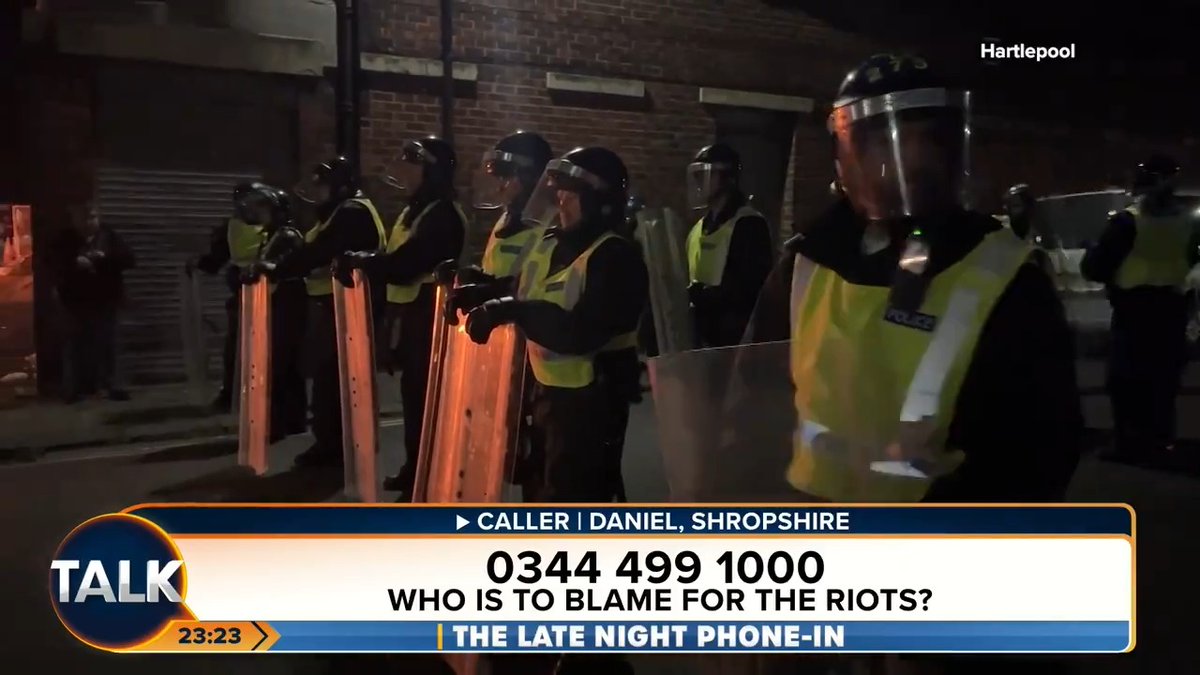 A police officer in Stoke has been criticised after asking a group of Muslim men to discard any weapons in their local mosque. Daniel in Shropshire says "two tier policing" has inflamed tensions and made rioting worse. André Walker Danielle Nicholls