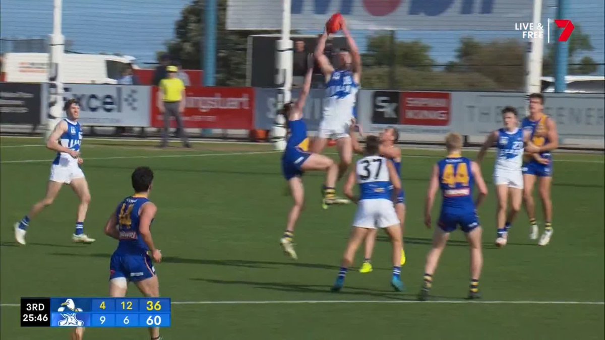 Finnbar Maley 👀 The young Kangaroo has 13 disposals, six marks, two goals and 13 hitouts already... Watch live: