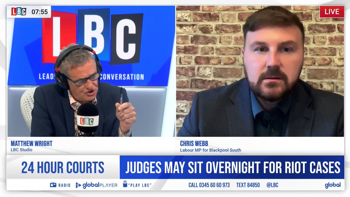 ‘Keir has to have family time.’ ‘He will continue to work from wherever.’ Chris Webb, Labour MP for Blackpool South, defends Keir Starmer’s decision to continue with his family holiday as riots continue across the country.