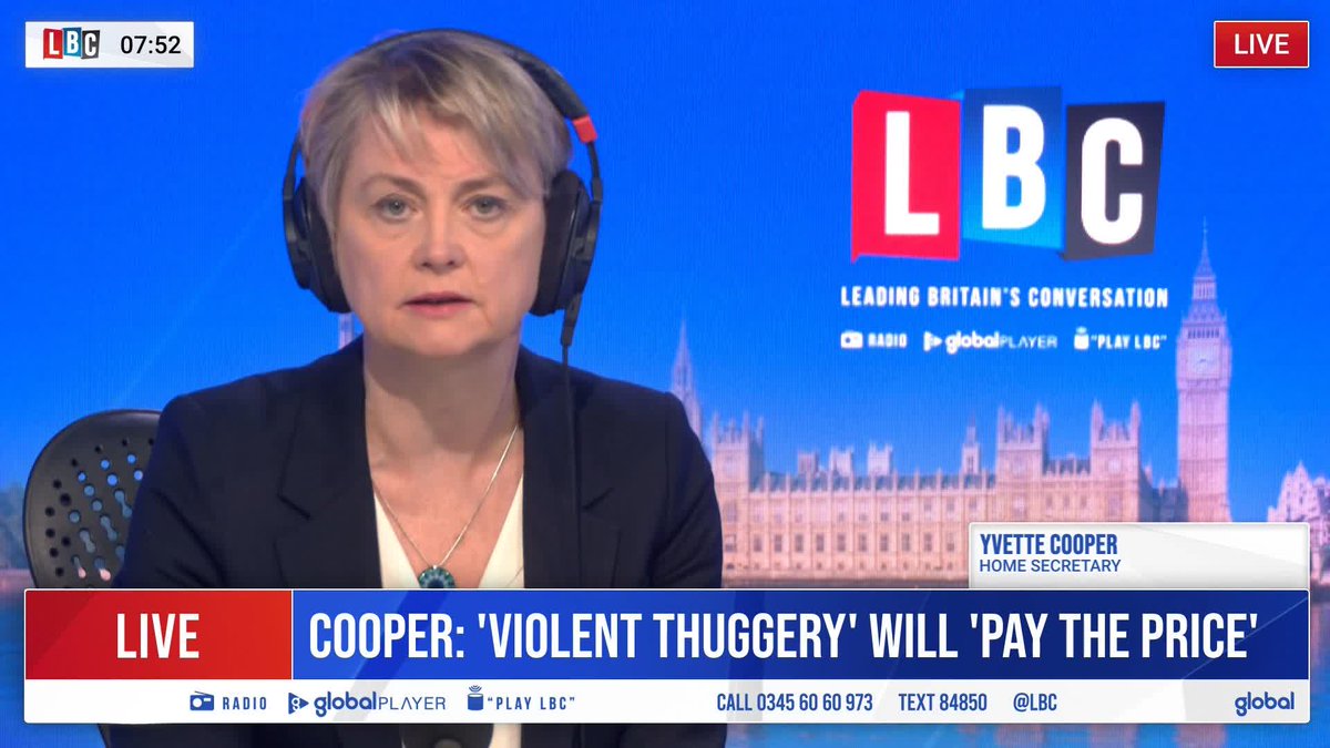 'There will be people who think they're going on holiday this week and instead will be facing a knock on the door and a police cell.' Yvette Cooper tells Nick Ferrari that 'justice will take place as soon as possible', as prison places are cleared for rioters.