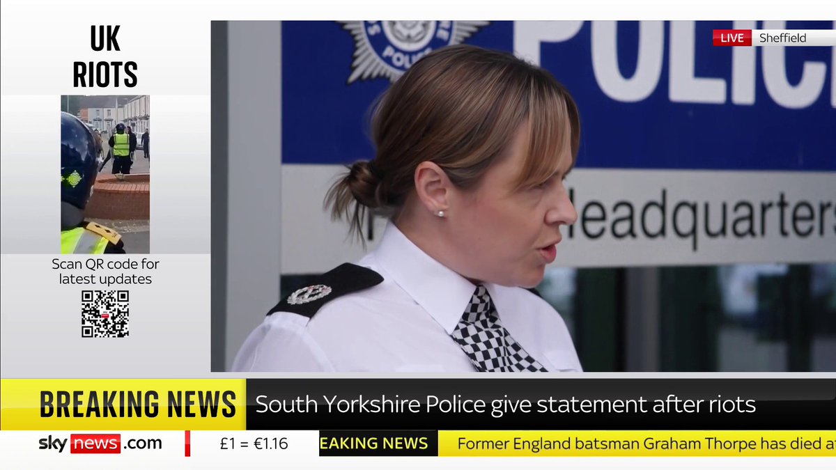 'So far we have six arrests... one in Sheffield and five in Rotherham' South Yorkshire Police, Assistant Chief Constable Lindsey Butterfield delivers a statement, calling the weekend's riots 'a disgusting display of thuggery' Latest ➡️ 📺 Sky 501